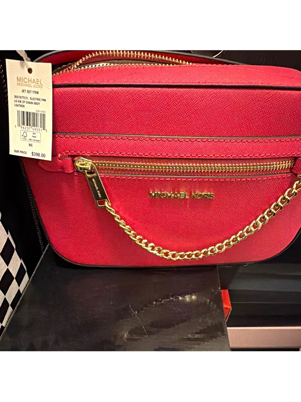 Michael Kors Pink-Red Crossbody with Gold Chain Detail